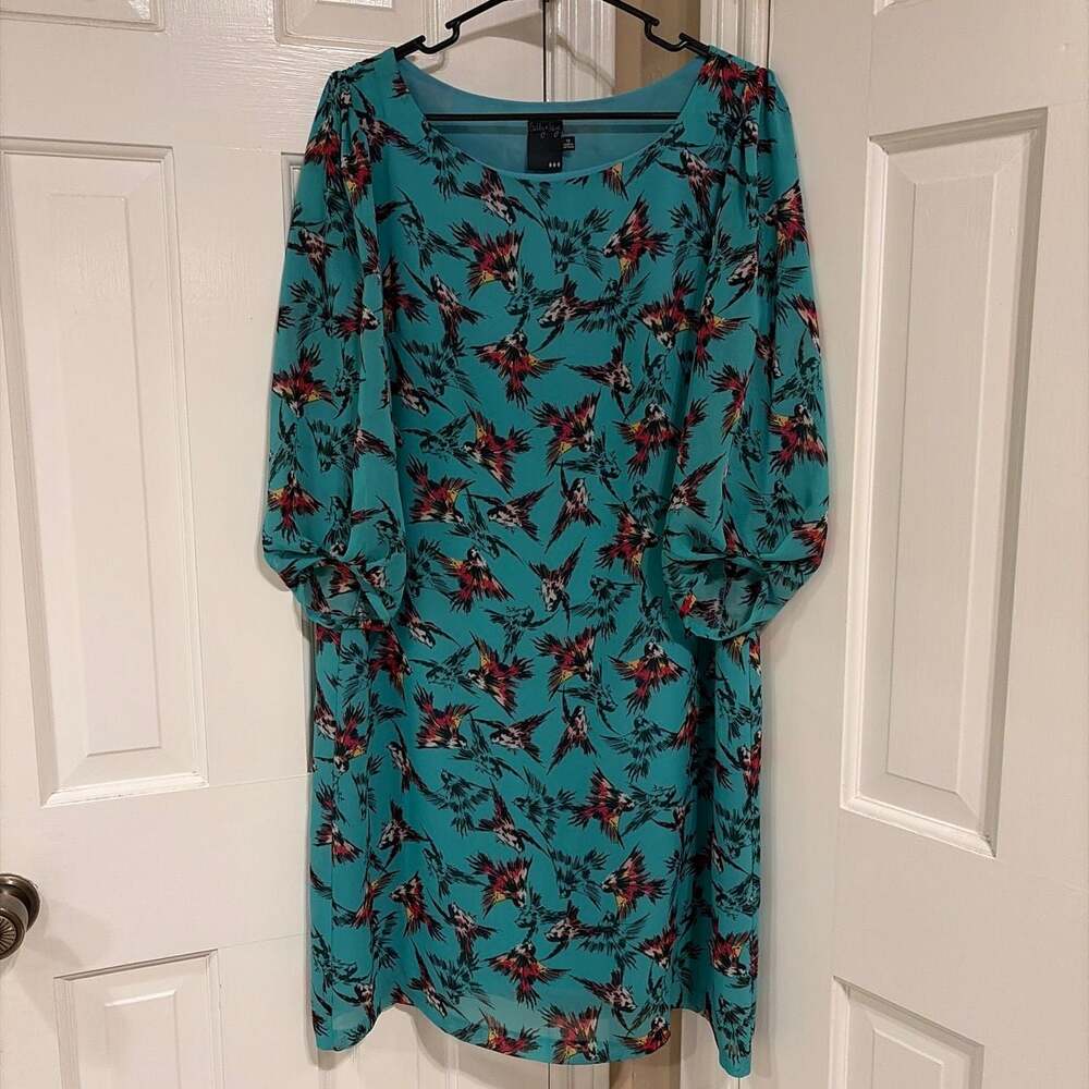 Gabby Skye Women's Teal Bird Print Long Sleeve Shift Dress Size 10